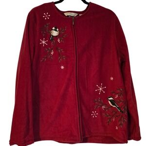 🆕️ Vintage Penmans Red Fleece Zip Up Cardigan Sweater Bird Snowflake Holiday XL